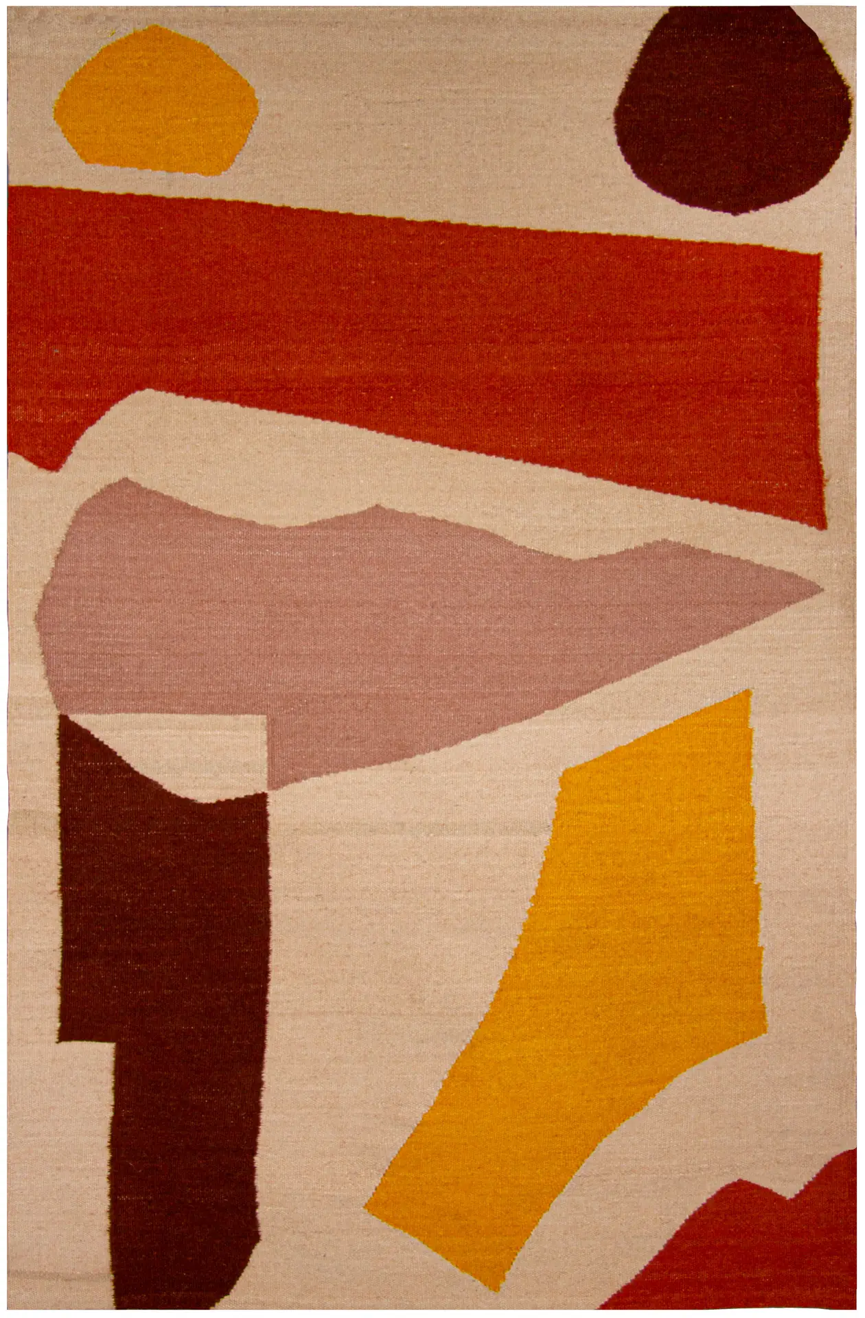 Zoe 01 - A Hug - Handwoven rug on a cream background with abstract forms in terracotta, mauve, brown, and yellow. From the Zoe collection by Thurje Handmade, handwoven in Korça, Albania.