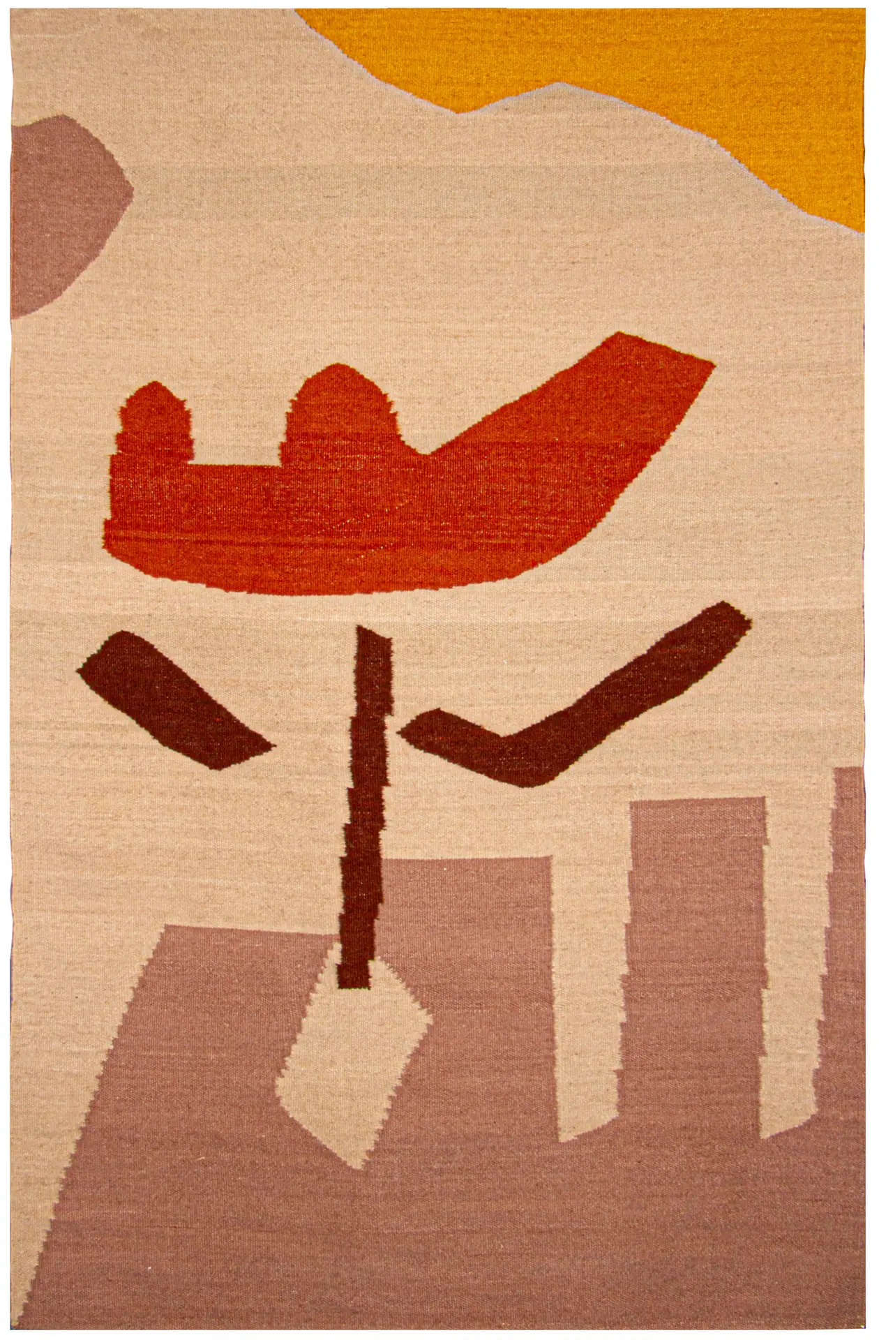 Zoe 03 - Picking Up a Flower - Handwoven rug on a cream background with a plant-like composition of abstract forms in terracotta, brown, mauve, and yellow. From the Zoe collection by Thurje Handmade, handwoven in Korça, Albania.