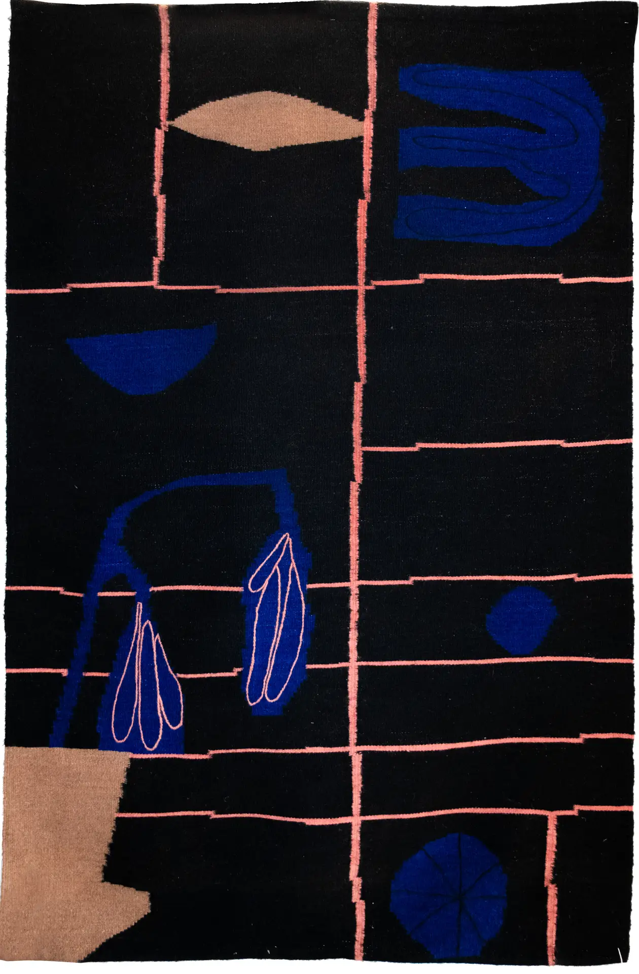 Grid 03 by Thurje Handmade — black flatweave handwoven rug with a soft pink grid, beige and blue abstract shapes, and soft pink and black handstitched details. Handwoven in Korça, Albania.