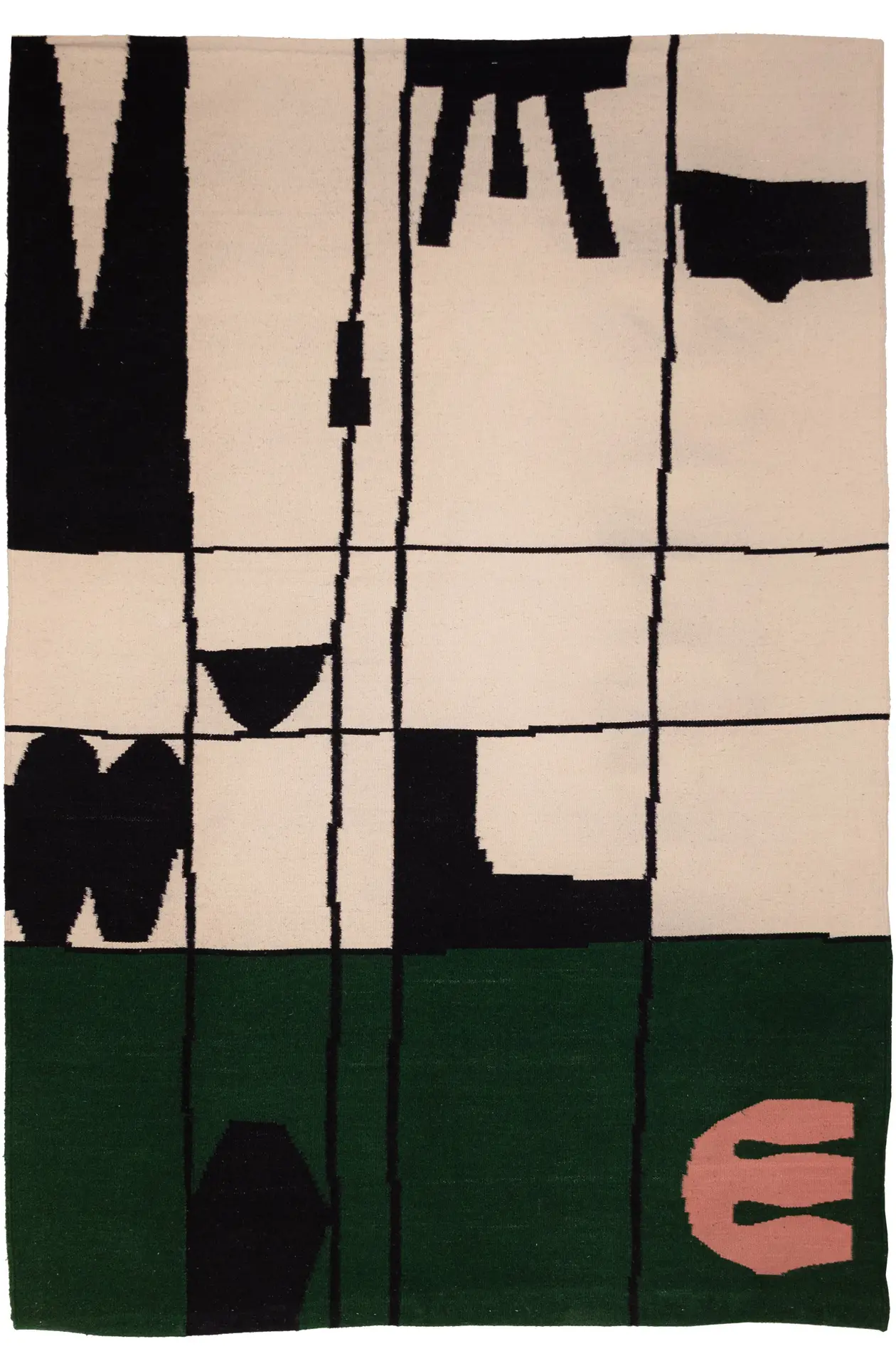 Grid 02 by Thurje Handmade — white and deep green flatweave handwoven rug with a black grid. Handwoven in Korça, Albania.