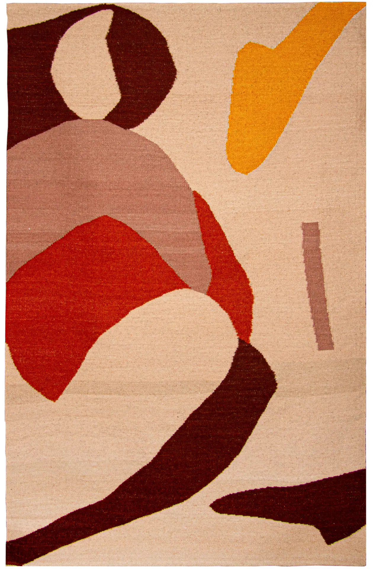 Zoe 02 - A Cozy Day - Handwoven rug on a cream background with large rounded abstract forms in brown, terracotta, mauve, and yellow. From the Zoe collection by Thurje Handmade, handwoven in Korça, Albania.