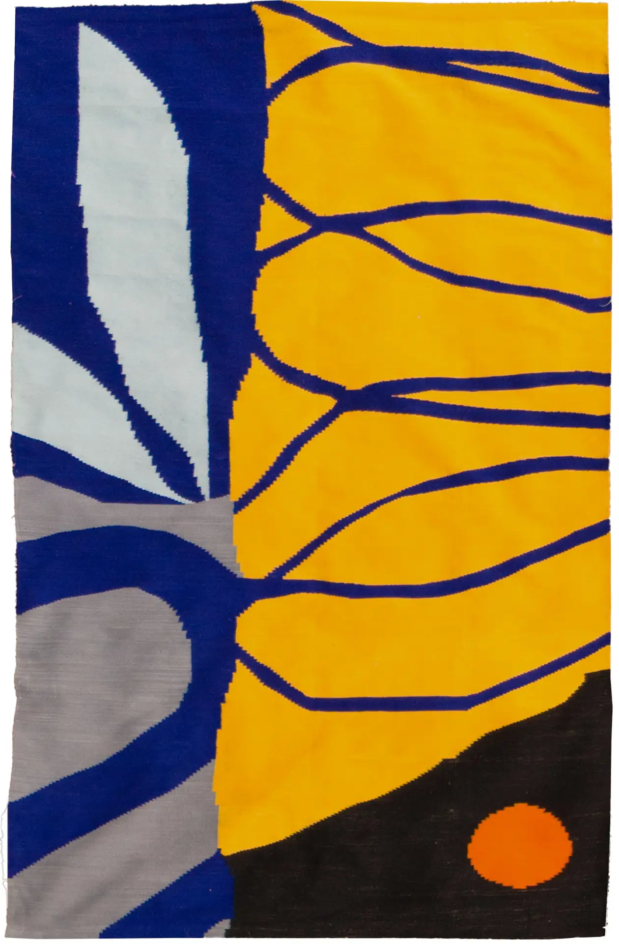 Handwoven flatweave rug with large bold abstract forms in cobalt blue, yellow, grey, and orange, with flowing lines crossing the surface. From the Hare collection by Arkadë Studio for Thurje Handmade, handwoven in Korça, Albania.